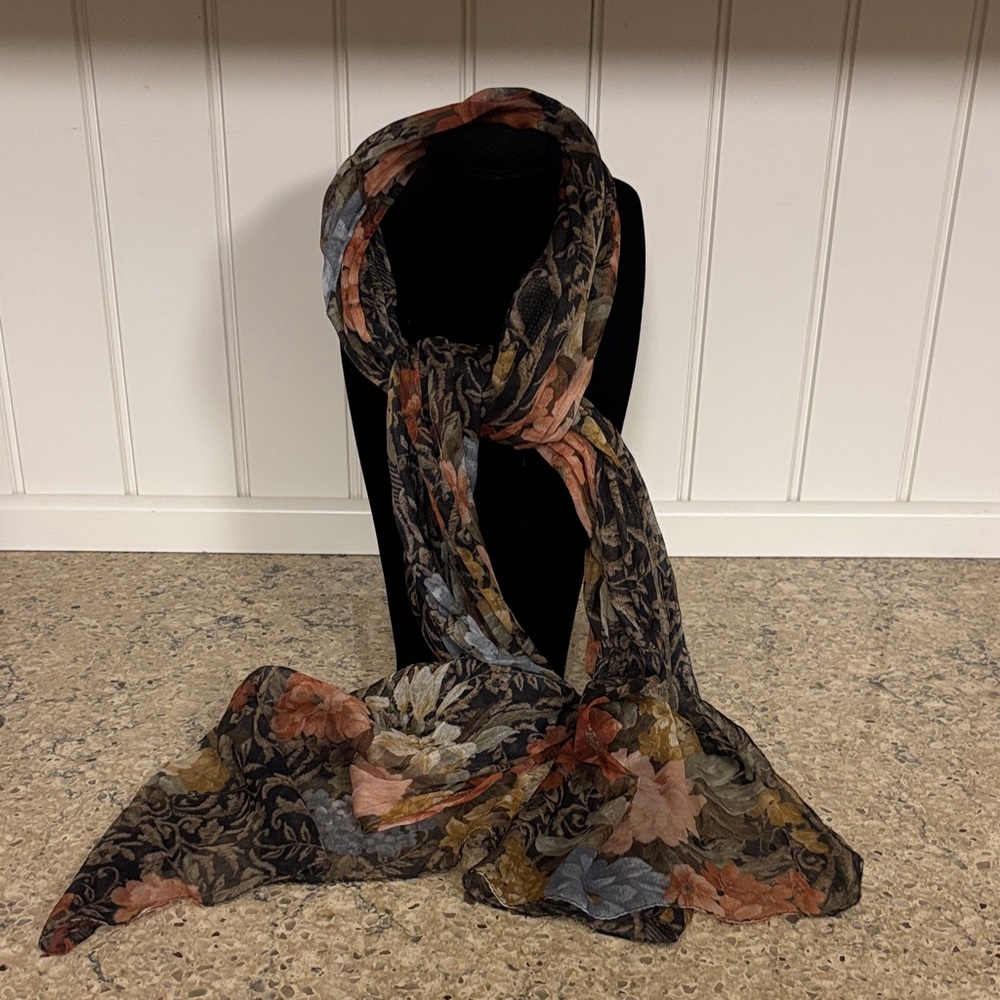 Elegant Chiffon Floral Patterned Oblong Scarf 13.5” W x 62” L